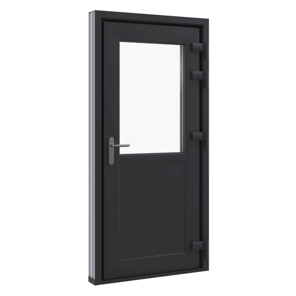 Achterdeur, Model 2, buitenaanzicht met scharnierpunten rechts en borstwering pvc, Perspectief
