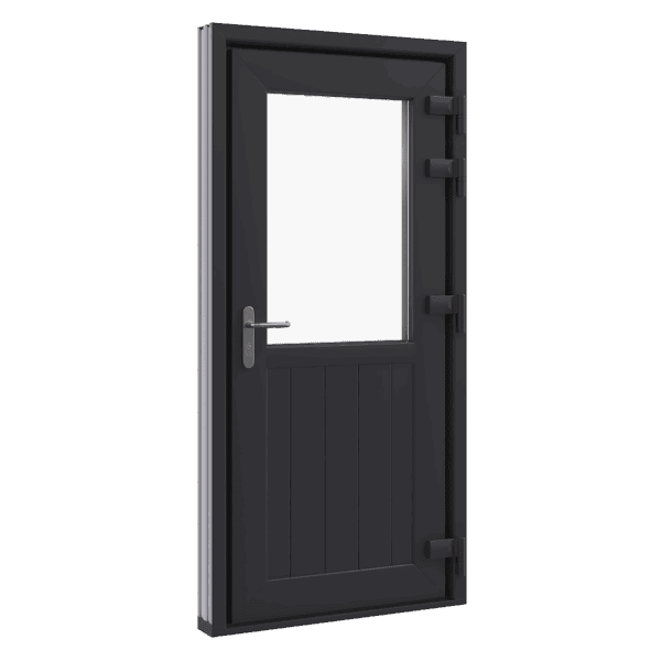 Achterdeur, Model 3, buitenaanzicht met scharnierpunten rechts en borstwering lamellen verticaal, Perspectief, Kunststof deuren