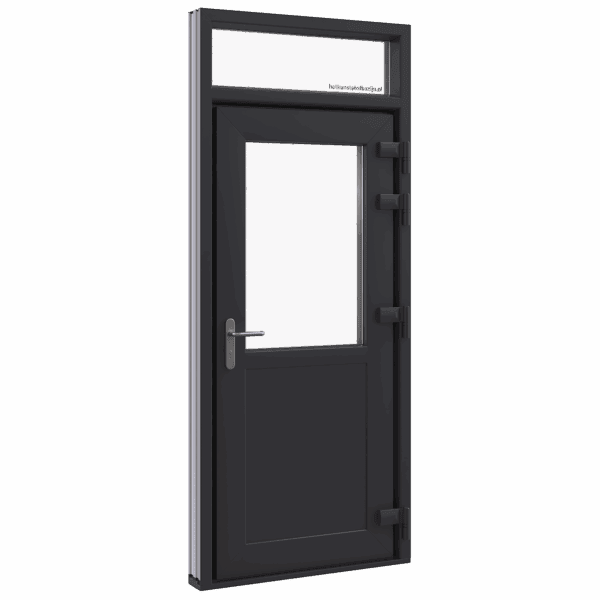 Achterdeur, Model 2, buitenaanzicht met scharnierpunten rechts, borstwering pvc en bovenlicht, Perspectief
