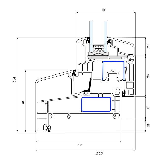 Gealan S9000 NL base, Technische Tekening, Draaikiepraam met aanslag