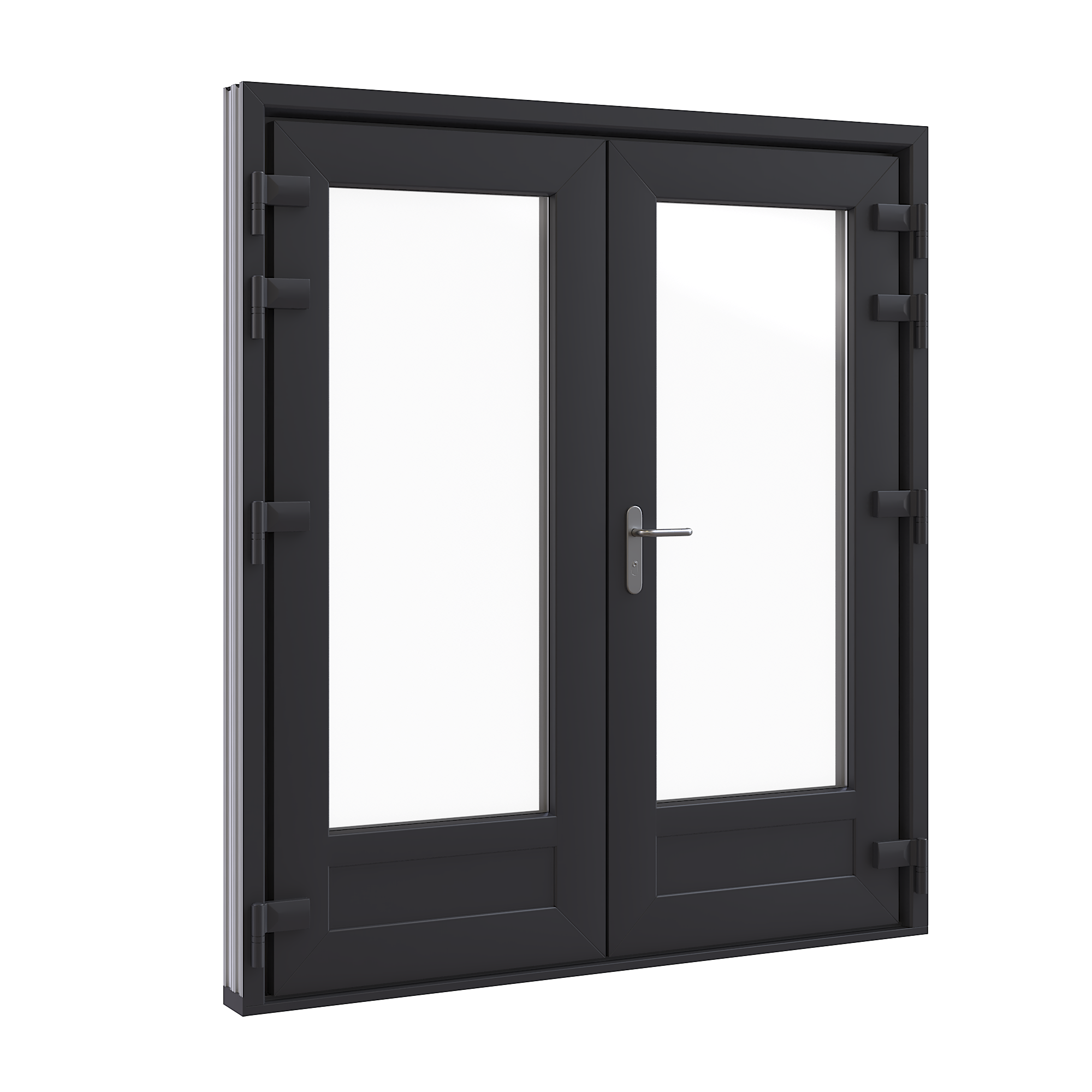 Terrasdeuren, Model 2, buitenaanzicht met borstwering PVC en actief deel rechts, Perspectief, kunststof deur