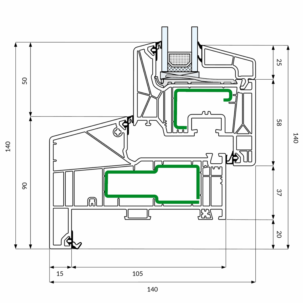 Schuco Living Variant 15, Technische Tekening, Draaikiepraam met aanslag