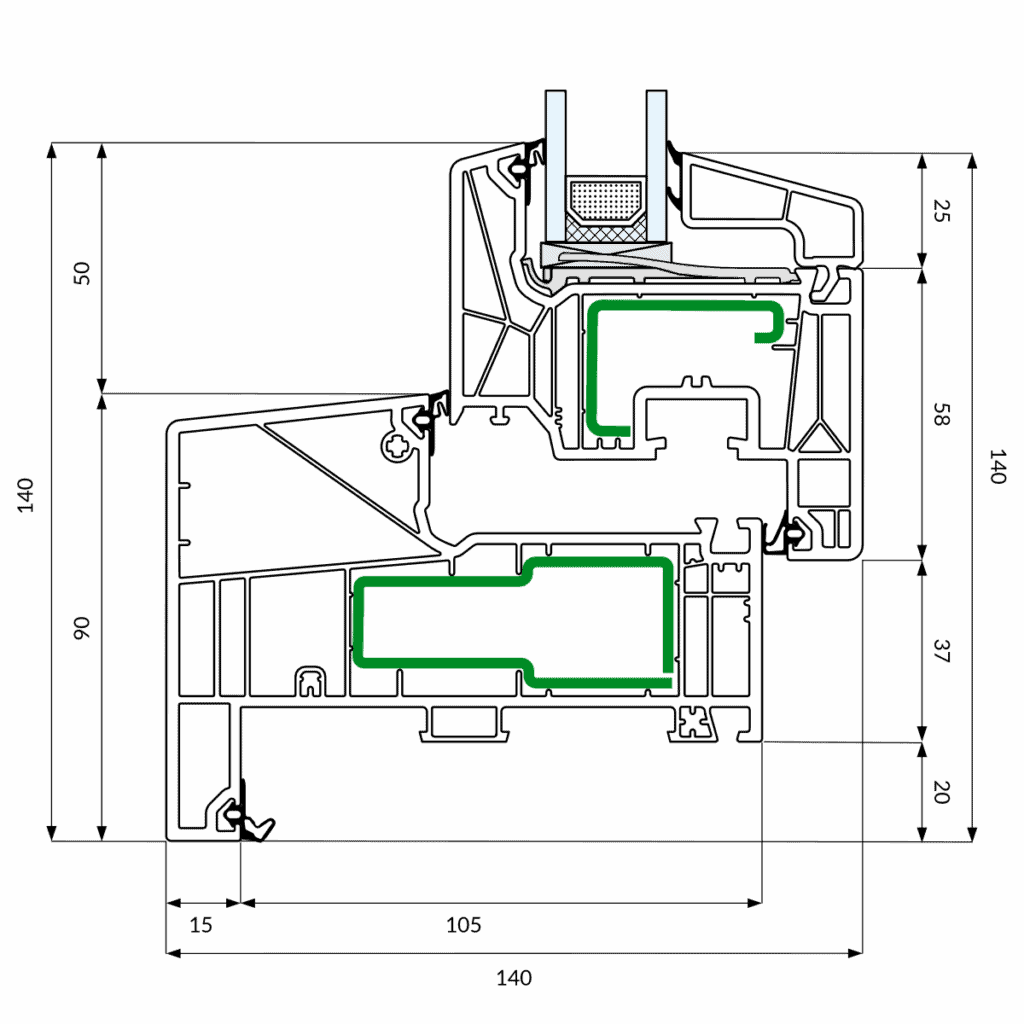 Schuco Living Variant 6, Technische Tekening, Draaikiepraam met aanslag